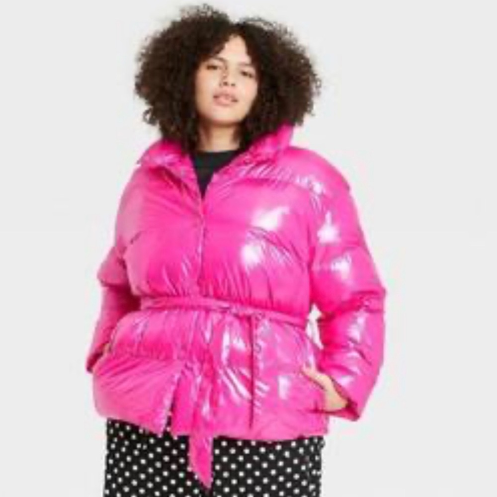 Who What Wear Target Bright Pink Puffer Jacket With Buttons and Tie